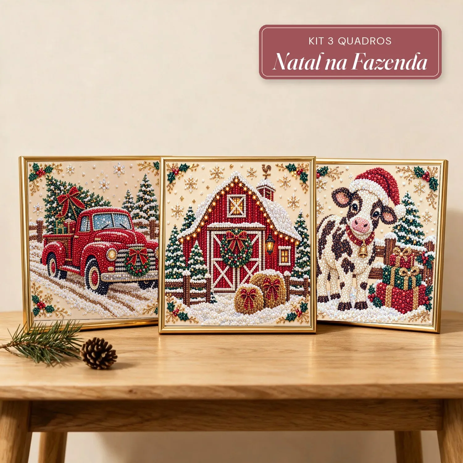 Três quadros de Natal na fazenda com caminhonete, celeiro e vaquinha em moldura dourada